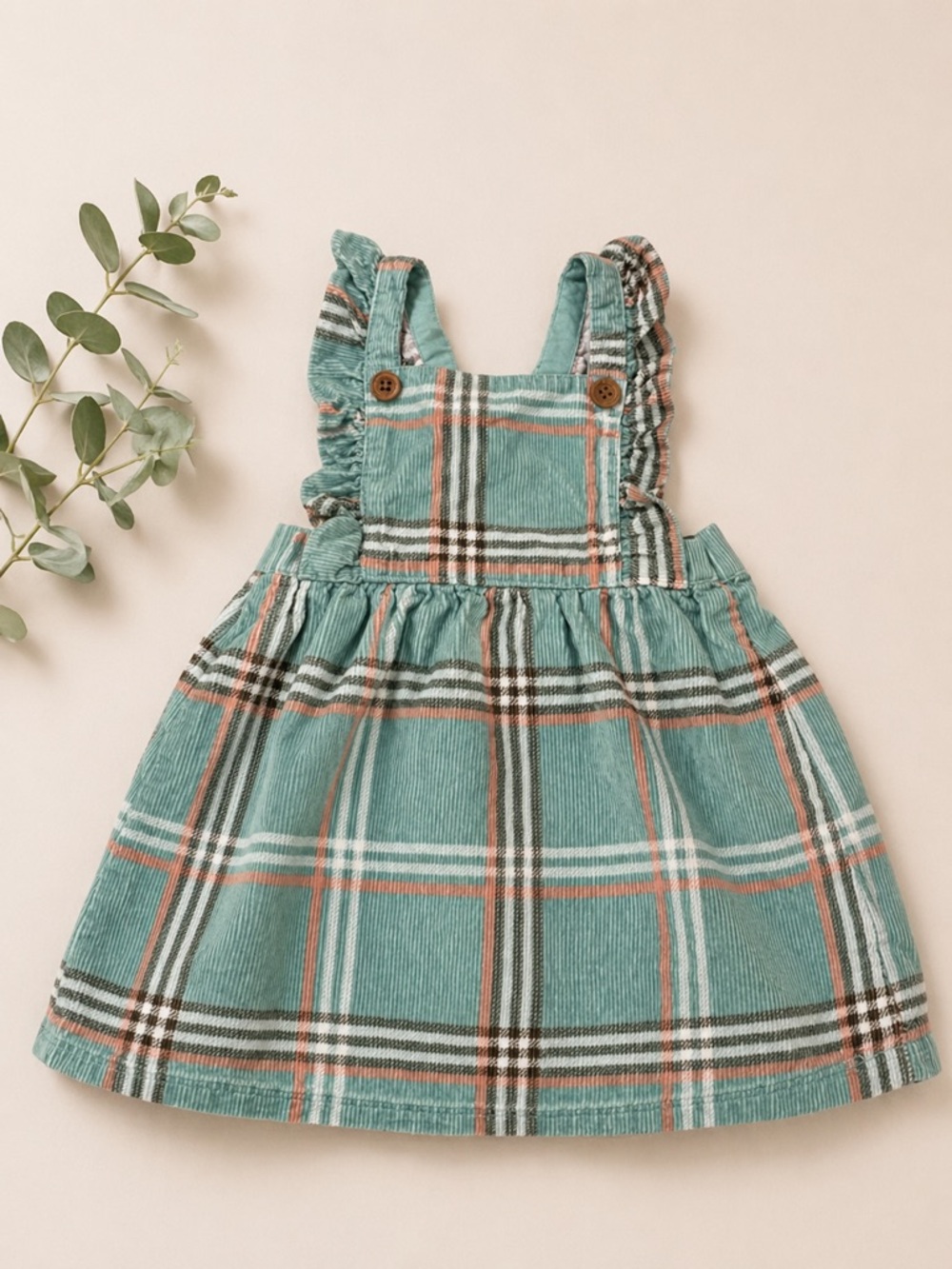 Carters Plaid Ruffle Strap Corduroy Pinafore Dress - Teal & Rust 12 Months
